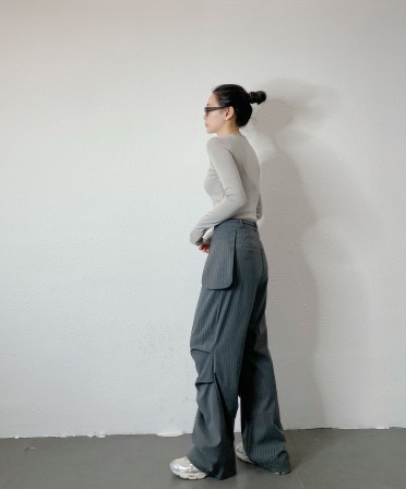 Grey Stripe Slack with Patched Pocket #250304